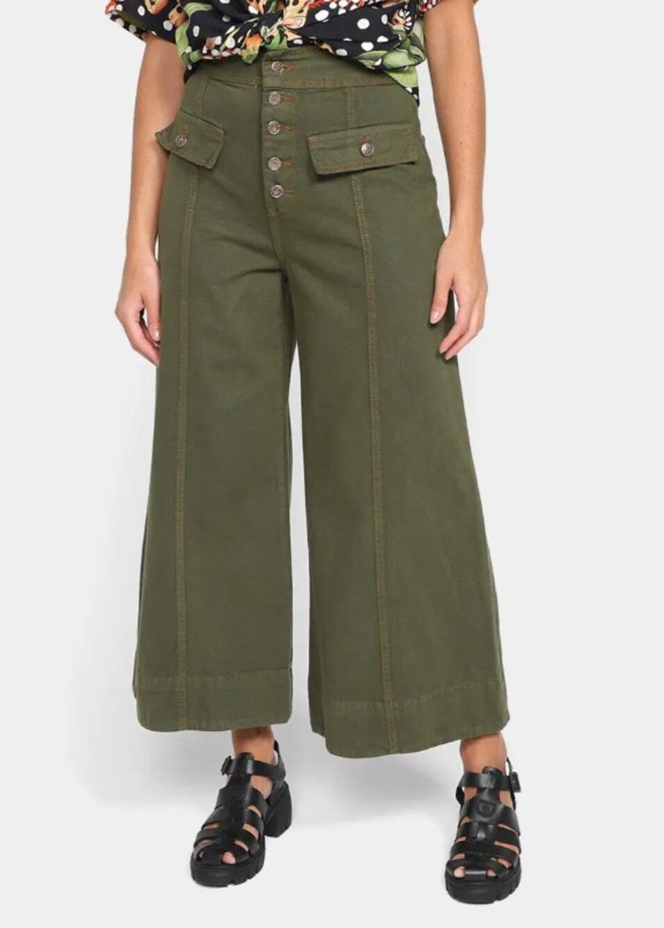 Farm Rio Wide Leg Pockets Twill Trousers Women's Size 38 Green Small